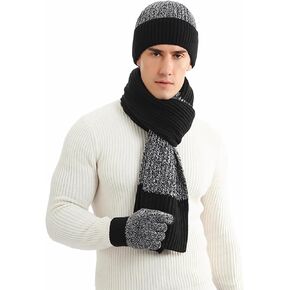 Men Hat Scarf and Gloves Set Winter Warm Knitted Long Scarf Neck Warmer Fleece Lined Beanie Hat Touch Screen Gloves
