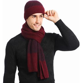 Men Hat Scarf and Gloves Set Winter Warm Knitted Long Scarf Neck Warmer Fleece Lined Beanie Hat Touch Screen Gloves