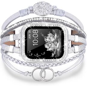 Boho Leather Bracelet with Bumper Bling case for Apple Watch Series 9 8 7 6 5 4 3 2 1 SE for Women,Handmade Multilayer Beaded Wrap Jewelry Rhinestone Apple Watch Strap for iWatch 38mm 40mm 41mm 42mm