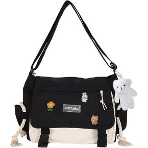 Cute Messenger Bag for Teen Girls Women, Kawaii Crossbody Shoulder Purse with Pins and Stuffed Pendant Gift