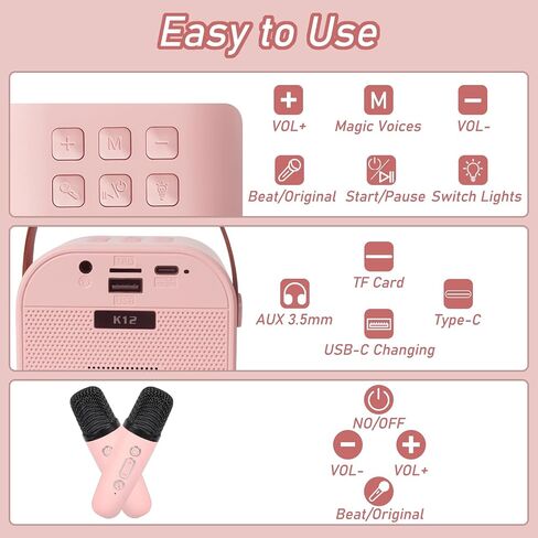 Mini Karaoke Machine for Kids Adults Portable Bluetooth Speaker with 2 Wireless Microphones,Toddler Singing Toys Teen MP3 Music Player for Girl Age 3-12 Year Old Birthday Gift Family Home Party (Pink) in Saudi Arabia