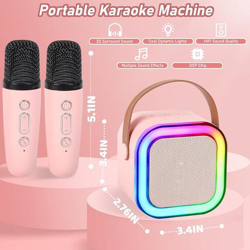 Mini Karaoke Machine for Kids Adults Portable Bluetooth Speaker with 2 Wireless Microphones,Toddler Singing Toys Teen MP3 Music Player for Girl Age 3-12 Year Old Birthday Gift Family Home Party (Pink) in Saudi Arabia