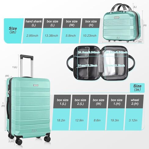 luggage sets 2 piece 19"Carry-on & 14" Cosmetic Bag，airline approved carry on luggage， Lightweight ABS+PC Carrying Case with TSA Lock（ Opal Green） in Saudi Arabia
