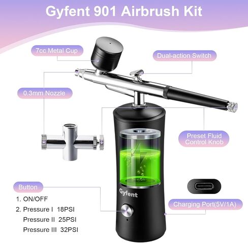مجموعة بخاخة Gyfent مع ضاغط، مجموعة بخاخة لاسلكية قابلة لإعادة الشحن للفن 32PSI مجموعة فرشاة هوائية محمولة مع فوهة 0.3 مم و2 مسدس رش هوائي و3 أكواب لأظافر مكياج الرسم النموذجي in Saudi Arabia