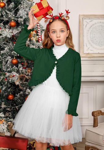 Kid Girls Xmas Open Front Button Knit Cardigan Solid Forest Green Long Sleeve Bolero Shrug Cover Up Sweater in Saudi Arabia