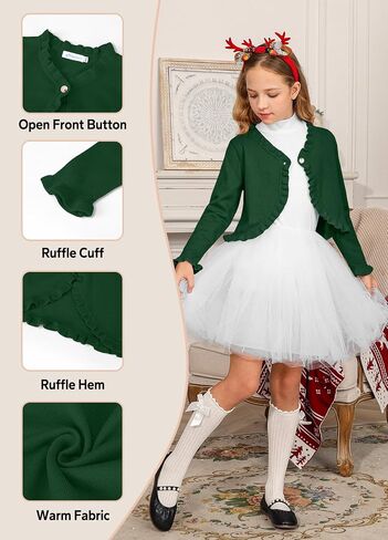 Kid Girls Xmas Open Front Button Knit Cardigan Solid Forest Green Long Sleeve Bolero Shrug Cover Up Sweater in Saudi Arabia