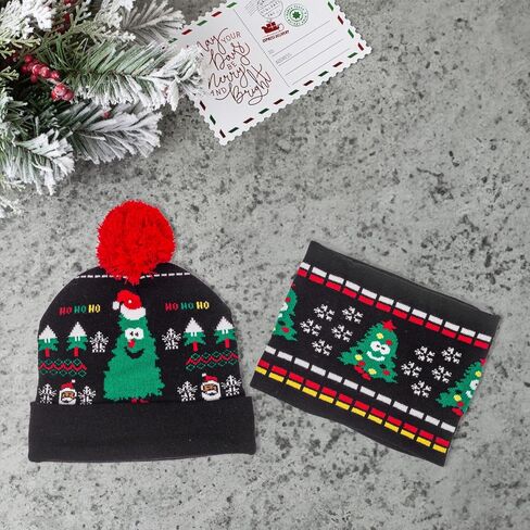 Christmas Hat Scarf Set, Warm Winter Knit Hat for Adults Kids, Funny Novelty Christmas Beanie with Pom Pom for Holiday in Saudi Arabia