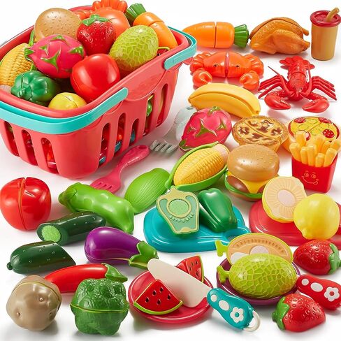 Play Food Sets for Kids Kitchen-80PC Pretend Food with 2 Kids Picnic Basket, Toy Food with Pizza Toy, Plastic Food Cutting Toys, Play Kitchen Accessories - Fake Food, Boys Girls Toddlers Gifts in Saudi Arabia