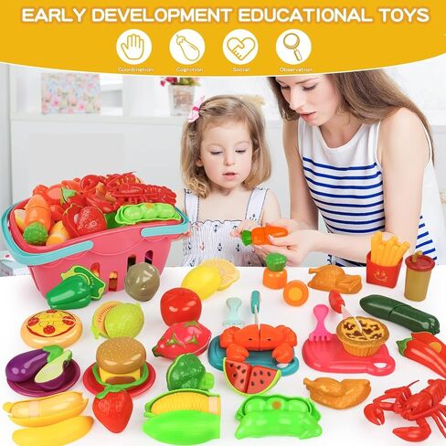 Play Food Sets for Kids Kitchen-80PC Pretend Food with 2 Kids Picnic Basket, Toy Food with Pizza Toy, Plastic Food Cutting Toys, Play Kitchen Accessories - Fake Food, Boys Girls Toddlers Gifts in Saudi Arabia