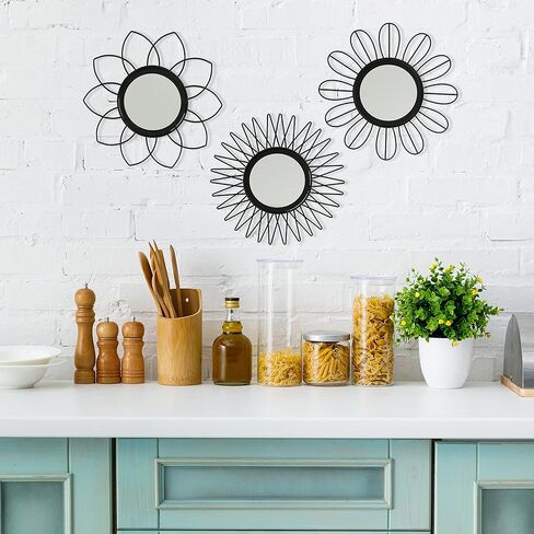 مجموعة مرايا WHW Whole House Worlds Modernist Home مكونة من 3 قطع، إطارات بتلات متفجرة، إطارات حديدية سوداء، إضافات زجاجية، قطر كل منها 10.75 بوصة (27 سم) in Kuwait