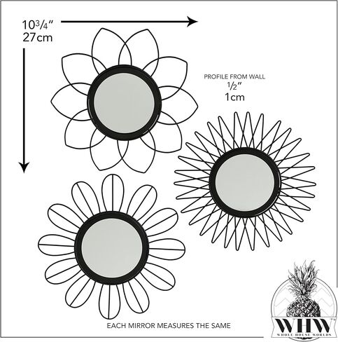 مجموعة مرايا WHW Whole House Worlds Modernist Home مكونة من 3 قطع، إطارات بتلات متفجرة، إطارات حديدية سوداء، إضافات زجاجية، قطر كل منها 10.75 بوصة (27 سم) in Kuwait