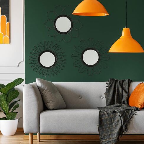 مجموعة مرايا WHW Whole House Worlds Modernist Home مكونة من 3 قطع، إطارات بتلات متفجرة، إطارات حديدية سوداء، إضافات زجاجية، قطر كل منها 10.75 بوصة (27 سم) in Kuwait