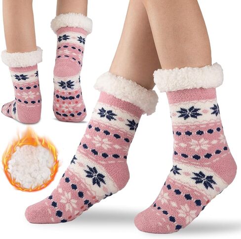 Slipper Socks for Women Warm Winter Cozy Fuzzy Fleece-Lined Socks Thick Pattern Floor Home Socks with Grippers in Saudi Arabia