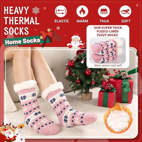 Slipper Socks for Women Warm Winter Cozy Fuzzy Fleece-Lined Socks Thick Pattern Floor Home Socks with Grippers in Saudi Arabia