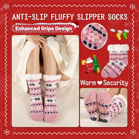 Slipper Socks for Women Warm Winter Cozy Fuzzy Fleece-Lined Socks Thick Pattern Floor Home Socks with Grippers in Saudi Arabia