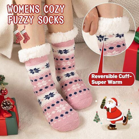 Slipper Socks for Women Warm Winter Cozy Fuzzy Fleece-Lined Socks Thick Pattern Floor Home Socks with Grippers in Saudi Arabia