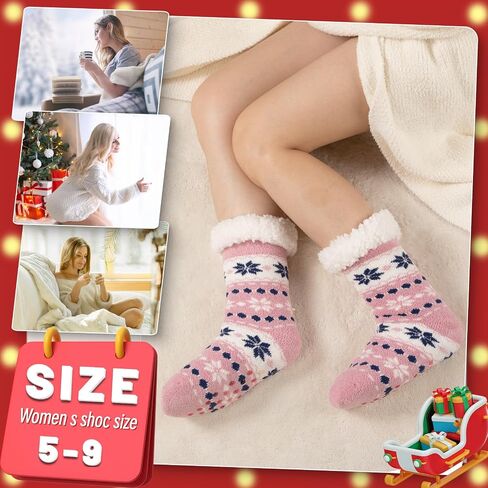 Slipper Socks for Women Warm Winter Cozy Fuzzy Fleece-Lined Socks Thick Pattern Floor Home Socks with Grippers in Saudi Arabia