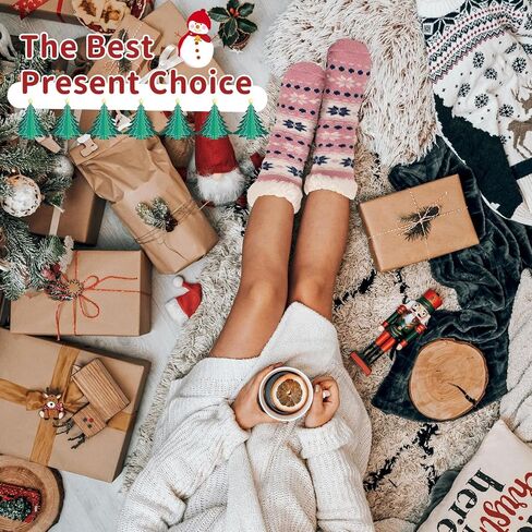 Slipper Socks for Women Warm Winter Cozy Fuzzy Fleece-Lined Socks Thick Pattern Floor Home Socks with Grippers in Saudi Arabia