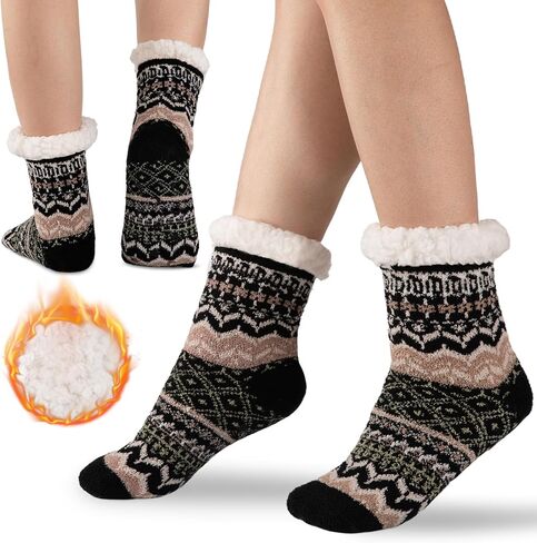 Slipper Socks for Women Warm Winter Cozy Fuzzy Fleece-Lined Socks Thick Pattern Floor Home Socks with Grippers in Saudi Arabia