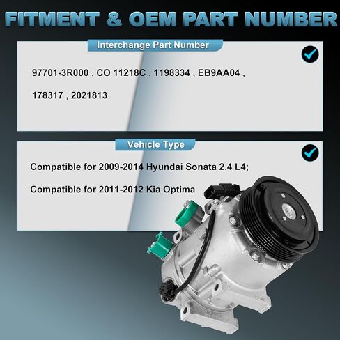 AC Compressor with Clutch Compatible for 2009-2014 Hyundai Sonata 2.4 L4 / 2011-2012 Kia Optima replacement CO 11218C 977013R000 in Saudi Arabia