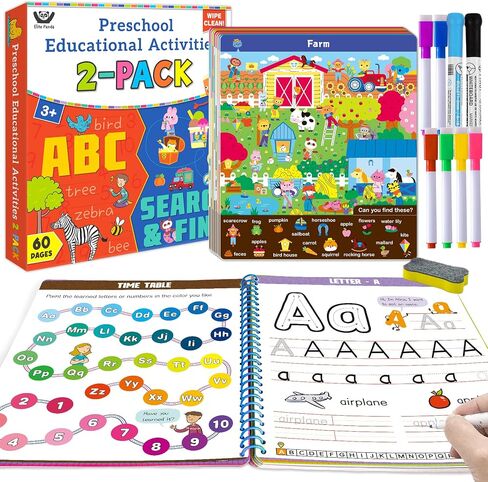 Elite Panda Preschool Learning Activities 60 Reusable Pages, (2-Pack) Kindergarten Workbook & Search and Find for Kids, Art and Craft Supplies Educational Toys Girl Boy Ages 3, 4, 5, 6 Year Old in Saudi Arabia