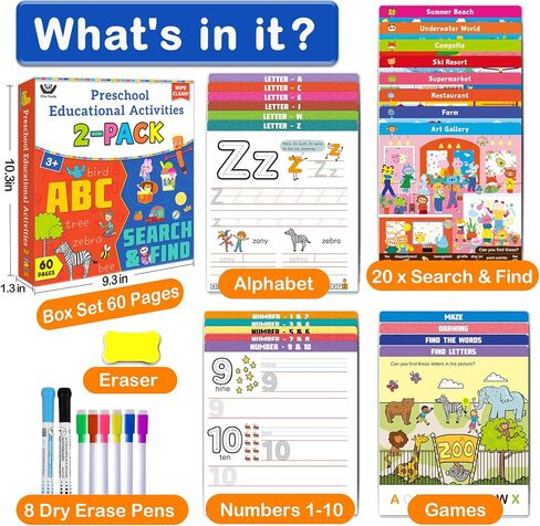 Elite Panda Preschool Learning Activities 60 Reusable Pages, (2-Pack) Kindergarten Workbook & Search and Find for Kids, Art and Craft Supplies Educational Toys Girl Boy Ages 3, 4, 5, 6 Year Old in Saudi Arabia