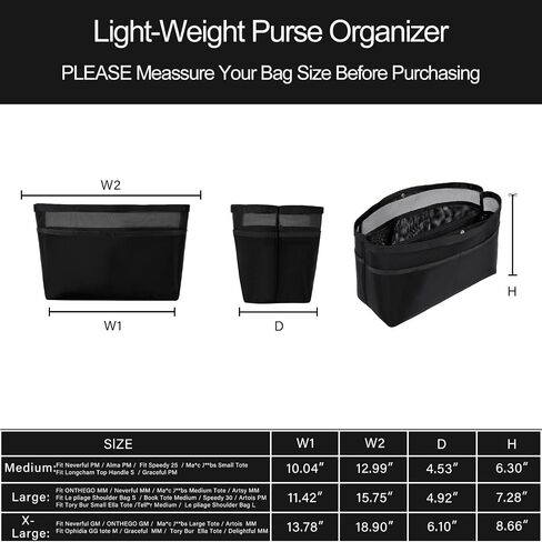 ZTUJO Purse Organizer Insert For Handbags,Mesh Bag Organizer Insert With Zipper Bag Tote Shaper Fit Speedy Neverful PM MM le Pliage,Light Weight (Black, Large) in Saudi Arabia