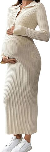 MakeMeChic Women's Maternity Rib Knit Maxi Dress Collared Long Sleeve Button Bodycon Pregnancy Dresses in Saudi Arabia