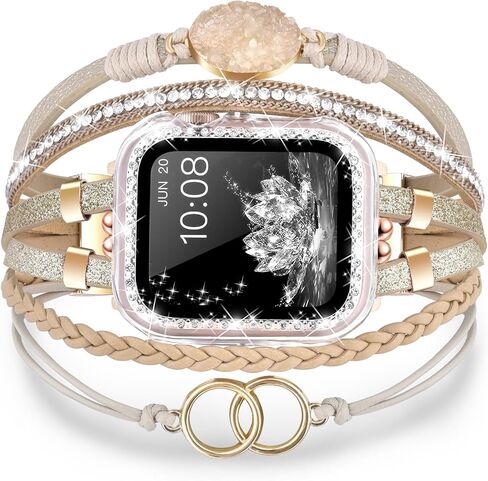 سوار جلد بوهو مع حافظة بلينغ ممتصة للصدمات لساعة أبل سلسلة 9 8 7 6 5 4 3 2 1 SE للنساء، مصنوع يدويًا متعدد الطبقات مطرز بحجر الراين حزام ساعة أبل لساعة iWatch 38 مم 40 مم 41 مم 42 مم in Kuwait