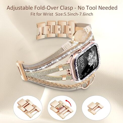 سوار جلد بوهو مع حافظة بلينغ ممتصة للصدمات لساعة أبل سلسلة 9 8 7 6 5 4 3 2 1 SE للنساء، مصنوع يدويًا متعدد الطبقات مطرز بحجر الراين حزام ساعة أبل لساعة iWatch 38 مم 40 مم 41 مم 42 مم in Kuwait