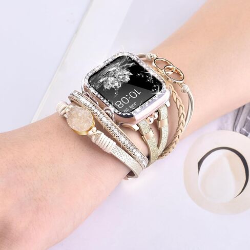 سوار جلد بوهو مع حافظة بلينغ ممتصة للصدمات لساعة أبل سلسلة 9 8 7 6 5 4 3 2 1 SE للنساء، مصنوع يدويًا متعدد الطبقات مطرز بحجر الراين حزام ساعة أبل لساعة iWatch 38 مم 40 مم 41 مم 42 مم in Kuwait