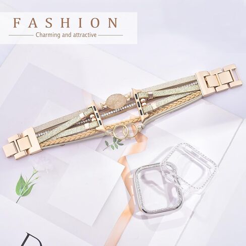 سوار جلد بوهو مع حافظة بلينغ ممتصة للصدمات لساعة أبل سلسلة 9 8 7 6 5 4 3 2 1 SE للنساء، مصنوع يدويًا متعدد الطبقات مطرز بحجر الراين حزام ساعة أبل لساعة iWatch 38 مم 40 مم 41 مم 42 مم in Kuwait