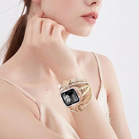 سوار جلد بوهو مع حافظة بلينغ ممتصة للصدمات لساعة أبل سلسلة 9 8 7 6 5 4 3 2 1 SE للنساء، مصنوع يدويًا متعدد الطبقات مطرز بحجر الراين حزام ساعة أبل لساعة iWatch 38 مم 40 مم 41 مم 42 مم in Kuwait