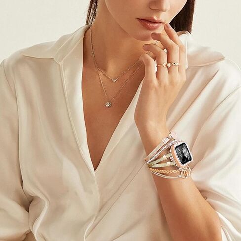 سوار جلد بوهو مع حافظة بلينغ ممتصة للصدمات لساعة أبل سلسلة 9 8 7 6 5 4 3 2 1 SE للنساء، مصنوع يدويًا متعدد الطبقات مطرز بحجر الراين حزام ساعة أبل لساعة iWatch 38 مم 40 مم 41 مم 42 مم in Kuwait