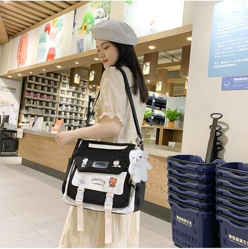 Cute Messenger Bag for Teen Girls Women, Kawaii Crossbody Shoulder Purse with Pins and Stuffed Pendant Gift in Kuwait