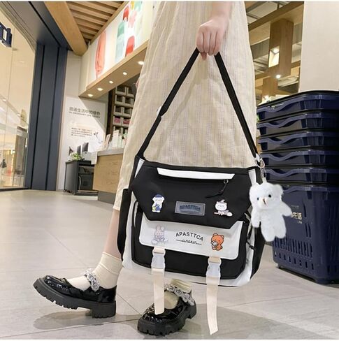 Cute Messenger Bag for Teen Girls Women, Kawaii Crossbody Shoulder Purse with Pins and Stuffed Pendant Gift in Kuwait