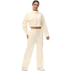 Blaosn Cute 2 Piece Sets Outfits for Women Wide Leg Cargo Pants Crop Sweatshirt Matching Workout Sweatsuit Lounge Clothes