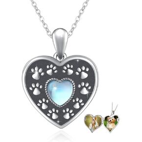 925 Sterling Silver Moonstone Locket Paw Print Heart Locket Necklace Cat Dog Paw Print Locket Jewelry Birthday Christmas Gifts for Women