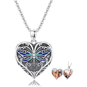 Heart Locket Pendant Sterling Silver Dragonfly Necklace That Holds Pictures Jewelry Birthday Christmas gifts for Women