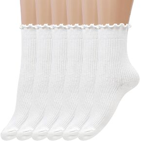 6 Pairs Ruffle Socks Women, Mid-Calf Casual Cotton Socks, Turn-Cuff Frilly Sock, Crew Sock, Calf Socks for Women