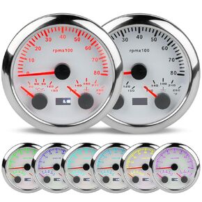 WATERWICH 85mm 7 Colors 3 in 1 Car Meter Tachometer 8000 RPM + Oil Pressure Gauge + Water Temperature Gauge 100°F-250°F for Truck Boat Vehicle Marine (White Plate Silver Cover)