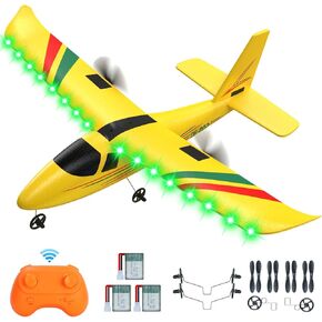 RC Plane, Remote Control Airplane 2.4GHz 2CH RC Airplane w/3 Batteries, Cool Lights&Gyro Stabilizer, Hobby RC Airplanes Glider Aircraft Planes Toy, Easy to Fly for Adults Kids Beginners Boys, Yellow