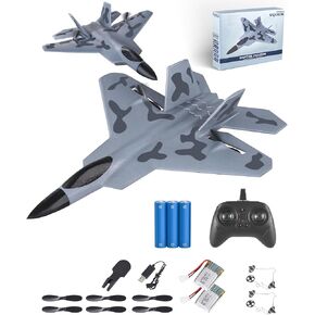 ألعاب طائرة RC للأولاد والكبار: نموذج طائرة F22 Raptor Jet للمبتدئين مع جهاز تحكم عن بعد 2.4 جيجا هرتز، ألعاب الجيش المقاتلة RC للأطفال والمراهقين 8 10 12، رمادي