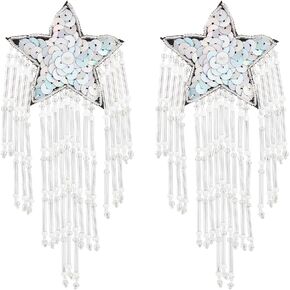 FINGERINSPIRE 2PCS Sequins Star Patch with Beaded Tassel White Sew on Beaded Star Patch Iridescent Sequin Star Applique with Glass Beaded Tassel DIY Sparkling Star Clothes Patch for Clothing Decor