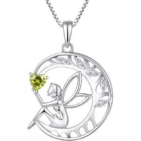 FJ Guardian Angel Necklace 925 Sterling Silver Tree of Life Pendant Fairy Moon Necklace Birthstone Jewelry Gifts for Women