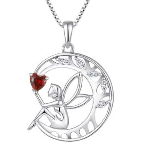 FJ Guardian Angel Necklace 925 Sterling Silver Tree of Life Pendant Fairy Moon Necklace Birthstone Jewelry Gifts for Women