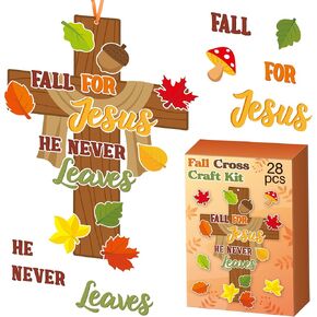 WATINC Fall Religious Cross Craft Kit - 28Pcs Make Your Own Autumn Christian Cross Hanging Ornaments, DIY Thanksgiving Fall for Jesus He Never Leaves Thankful Decor for Kids Sunday School Church