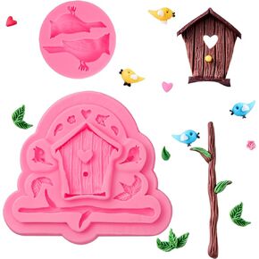 Wooden House Flower Chocolate Silicone Mold, Bird Branch Cake Decoration Fondant Mold, Leaf Candy Mold, Kitchen Baking Mold, Flower Paste Process Polymer Clay, Creative Gift Set of 2