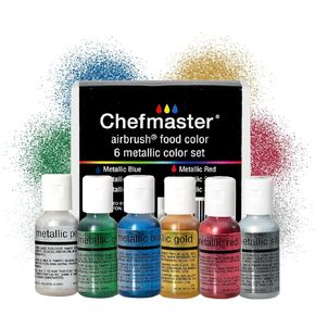 Chefmaster - Metallic Airbrush Kit - Airbrush Food Coloring - 6 Pack - Vibrant and Fade-Resistant Sheen - Works With Any Airbrush Tool to Achieve Amazing Effects and Designs - Made in the USA