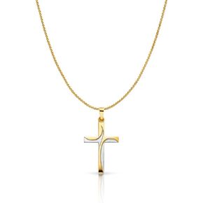 14K Two Tone Gold Cross Charm Pendant with 0.9mm Wheat Chain Necklace